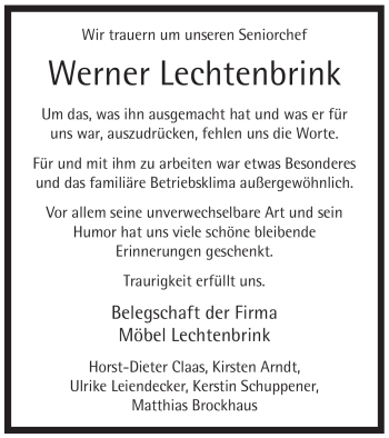 Traueranzeige von Werner Lechtenbrink von Tageszeitung