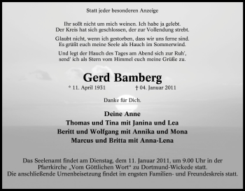 Traueranzeige von Gerd Bamberg von Tageszeitung