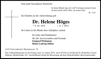Traueranzeige von Helene Höges von Tageszeitung