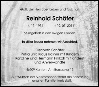 Traueranzeige von Reinhold Schäfer von Tageszeitung