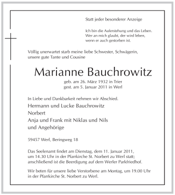 Traueranzeige von Marianne Bauchrowitz von Tageszeitung