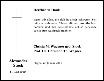 Traueranzeige von Alexander Stock von Tageszeitung