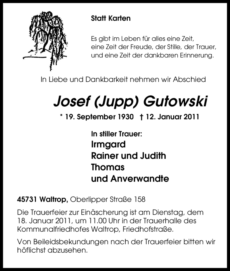  Traueranzeige für Josef Gutowski vom 14.01.2011 aus Tageszeitung