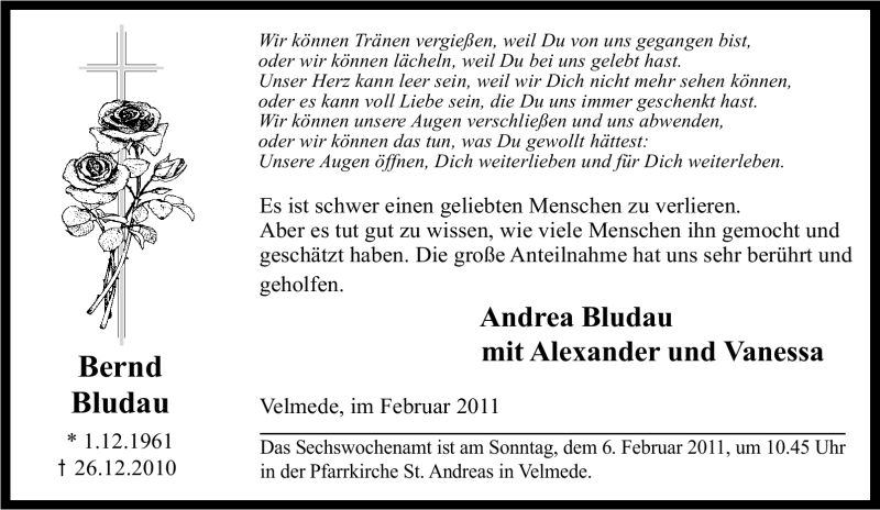  Traueranzeige für Bernd Bludau vom 31.01.2011 aus Tageszeitung