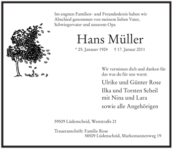 Traueranzeige von Hans Müller von Tageszeitung