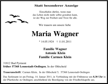 Traueranzeige von Maria Wagner von Tageszeitung
