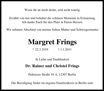 Traueranzeige von Margret Frings von Tageszeitung