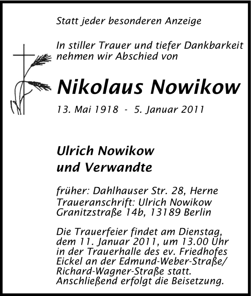  Traueranzeige für Nikolaus Nowikow vom 08.01.2011 aus Tageszeitung