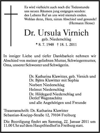 Traueranzeige von Ursula Virnich von Tageszeitung