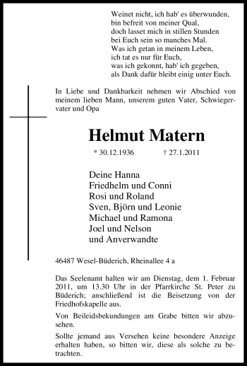 Traueranzeige von Helmut Matern von Tageszeitung