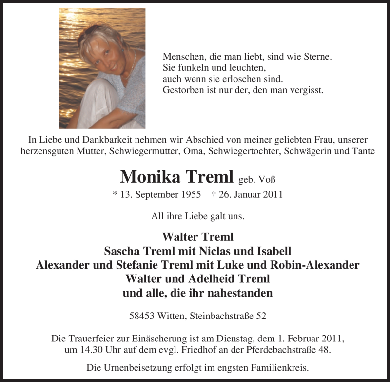  Traueranzeige für Monika Treml vom 29.01.2011 aus Tageszeitung