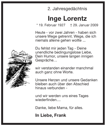 Traueranzeige von Inge Lorentz von Tageszeitung