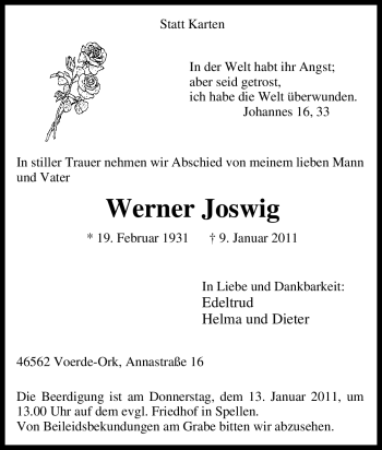Traueranzeige von Werner Joswig von Tageszeitung
