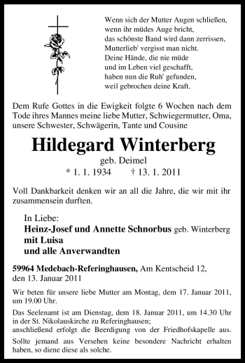 Traueranzeige von Hildegard Winterberg von Tageszeitung