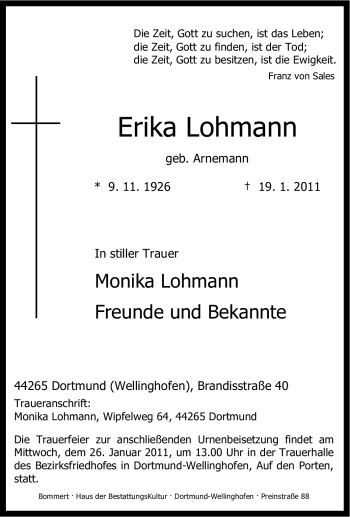 Traueranzeige von Erika Lohmann von Tageszeitung