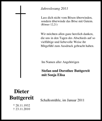 Traueranzeige von Dieter Buttgereit von Tageszeitung