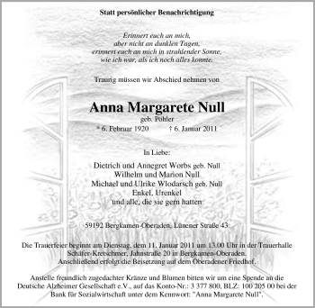Traueranzeige von Anna Margarete Null von Tageszeitung