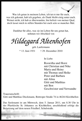 Traueranzeige von Hildegard Altenhofen von Tageszeitung