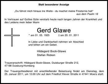 Traueranzeige von Gerd Glawe von Tageszeitung