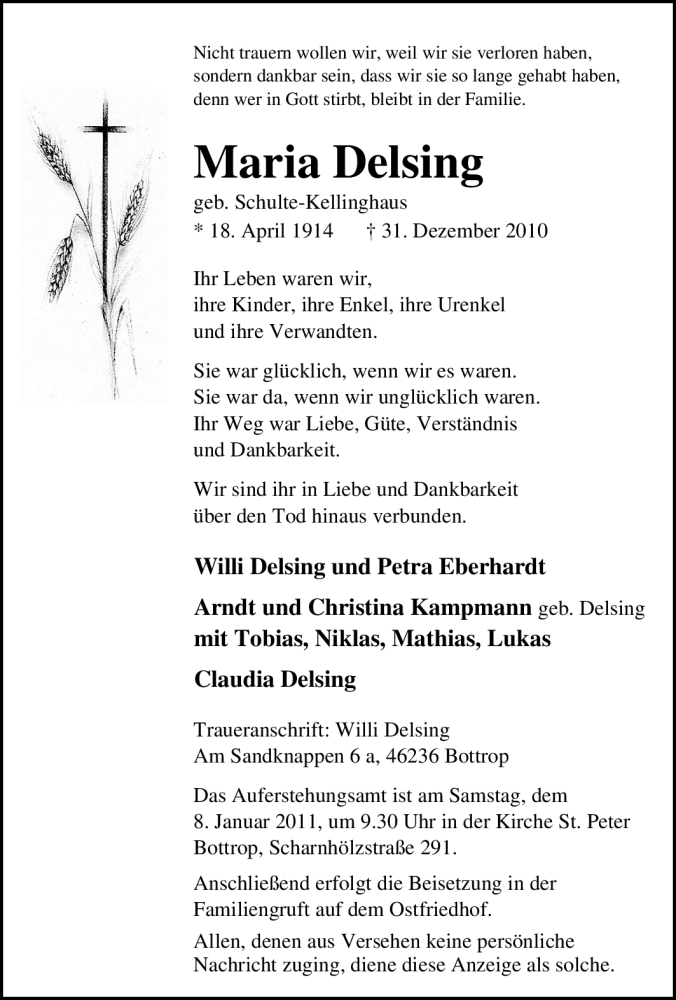  Traueranzeige für Maria Delsing vom 07.01.2011 aus Tageszeitung