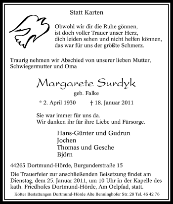 Traueranzeige von Margarete Surdyk von Tageszeitung