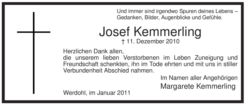  Traueranzeige für Josef Kemmerling vom 19.01.2011 aus Tageszeitung