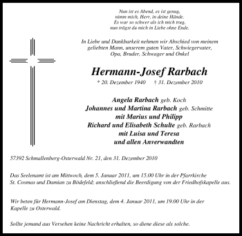Traueranzeige von Hermann-Josef Rarbach von Tageszeitung