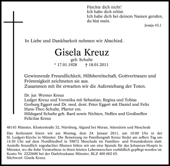 Traueranzeige von Gisela Kreuz von Tageszeitung