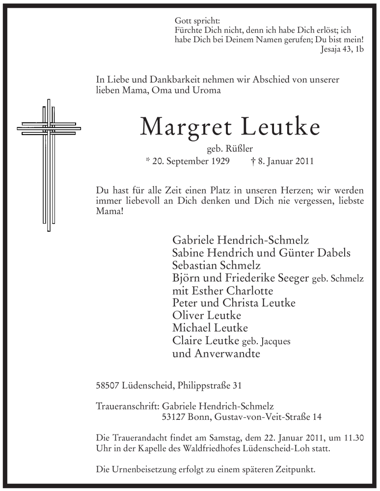  Traueranzeige für Margret Leutke vom 19.01.2011 aus Tageszeitung