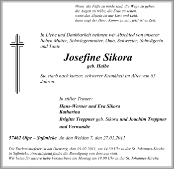 Traueranzeige von Josefine Sikora von Tageszeitung