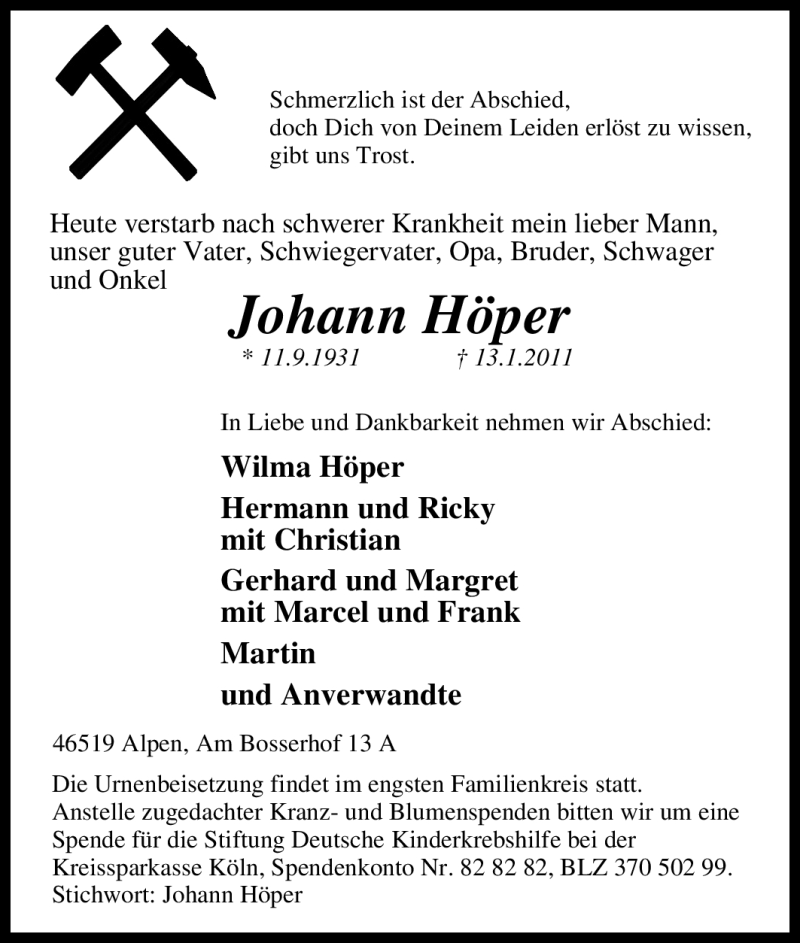  Traueranzeige für Johann Höper vom 18.01.2011 aus Tageszeitung
