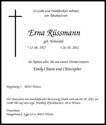 Traueranzeige von Erna Rüssmann von Tageszeitung