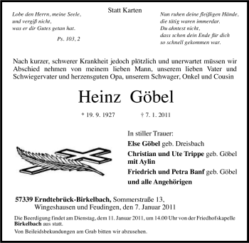 Traueranzeige von Heinz Göbel von Tageszeitung