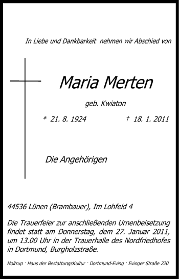 Traueranzeige von Maria Merten von Tageszeitung