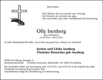 Traueranzeige von Olly Isenberg von Tageszeitung