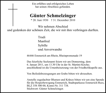 Traueranzeige von Günter Schmelzinger von Tageszeitung