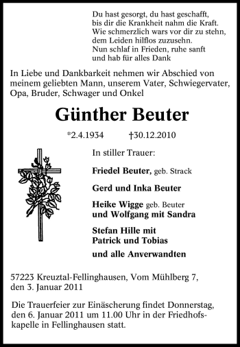 Traueranzeige von Günther Beuter von Tageszeitung