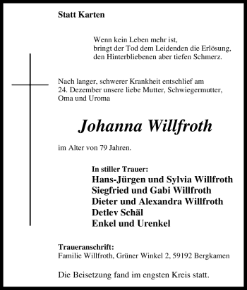 Traueranzeige von Johanna Willfroth von Tageszeitung