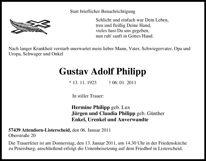  Traueranzeige für Gustav Adolf Philipp vom 08.01.2011 aus Tageszeitung