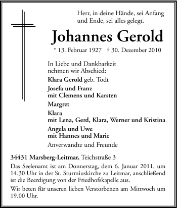Traueranzeigen von Johannes Gerold TrauerinNRW.de