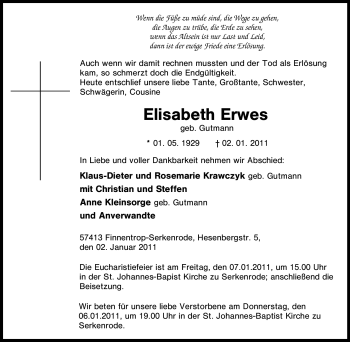 Traueranzeige von Elisabeth Erwes von Tageszeitung