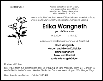 Traueranzeige von Erika Wangneth von Tageszeitung