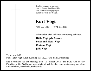 Traueranzeige von Kurt Vogt von Tageszeitung