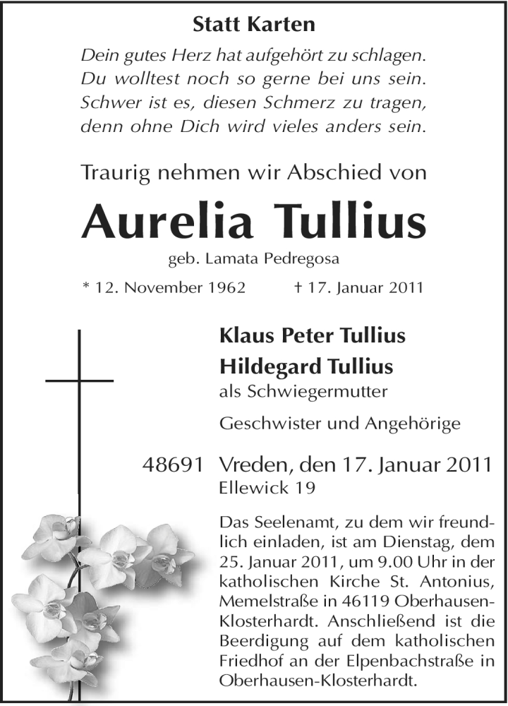  Traueranzeige für Aurelia Tullius vom 21.01.2011 aus Tageszeitung