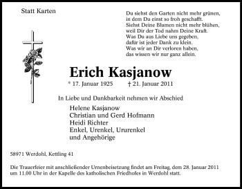 Traueranzeige von Erich Kasjanow von Tageszeitung