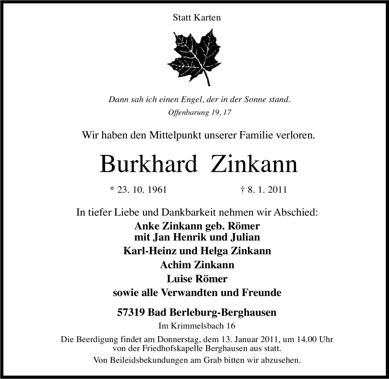  Traueranzeige für Burkhard Zinkann vom 11.01.2011 aus Tageszeitung