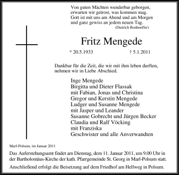 Traueranzeige von Fritz Mengede von Tageszeitung