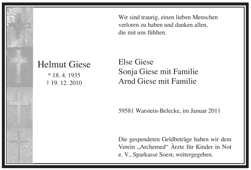  Traueranzeige für Helmut Giese vom 22.01.2011 aus Tageszeitung