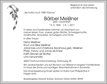 Traueranzeige von Bärbel Meißner von Tageszeitung