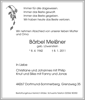Traueranzeige von Bärbel Meißner von Tageszeitung